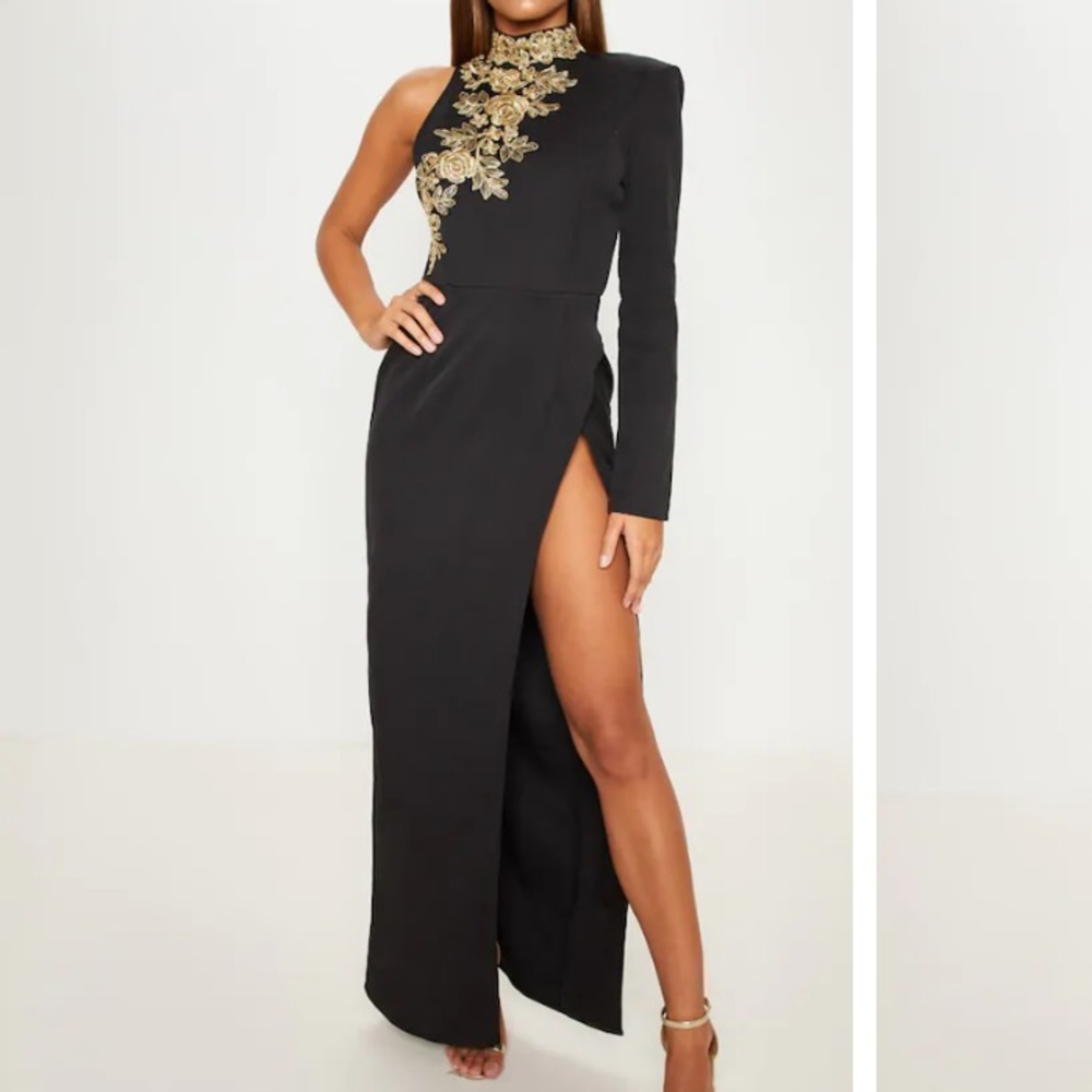 Black High Neck Asymmetric Embroidered Trim Maxi Dress